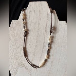 Sterling silver, pearl leather cord necklace